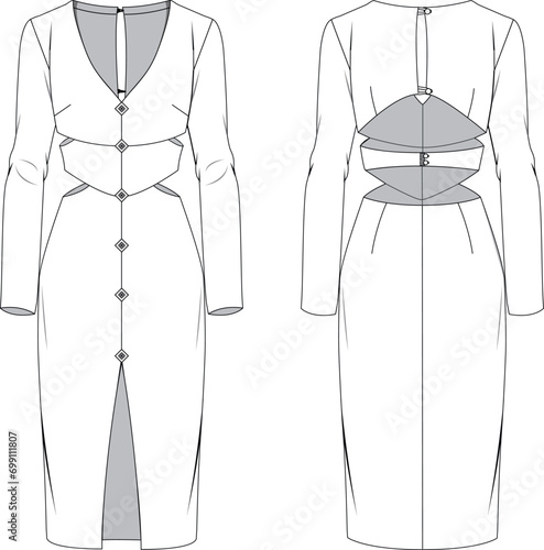 V neck cutout detailed midi night dress with slit front technical drawing vector cad photo