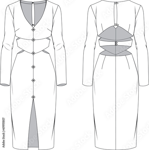 V neck cutout detailed midi night dress with slit front technical drawing vector cad