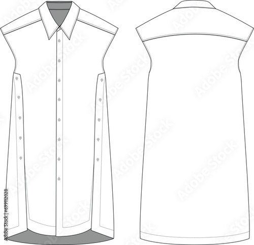 Sleeveless button down denim shirt dress vector technical drawing cad 