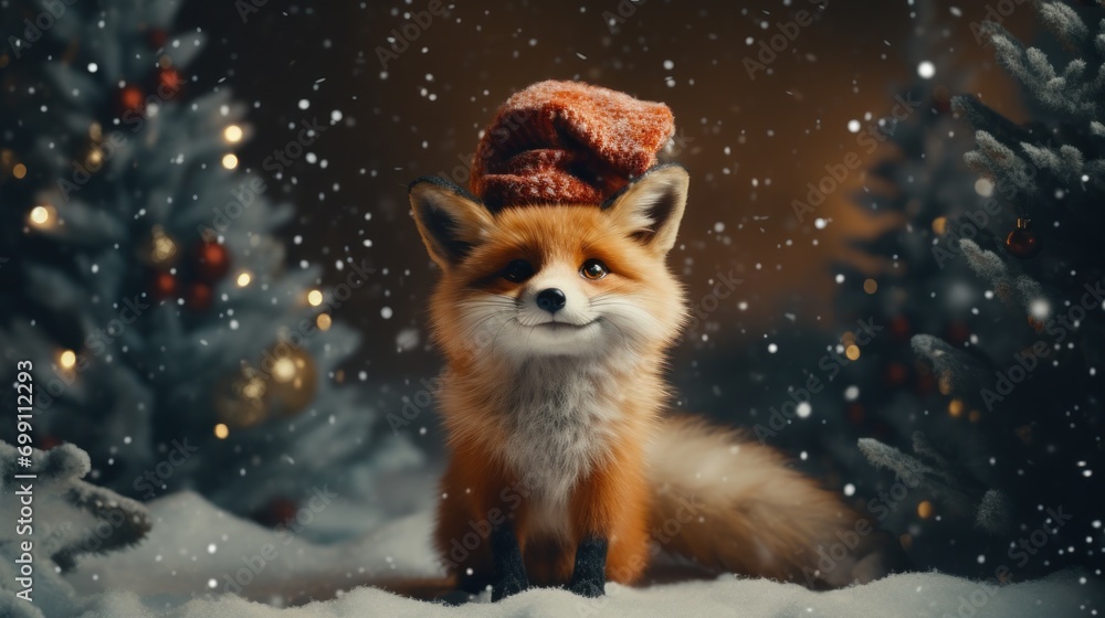 little cute fox in a hat with gifts under the Christmas tree, postcard, banner