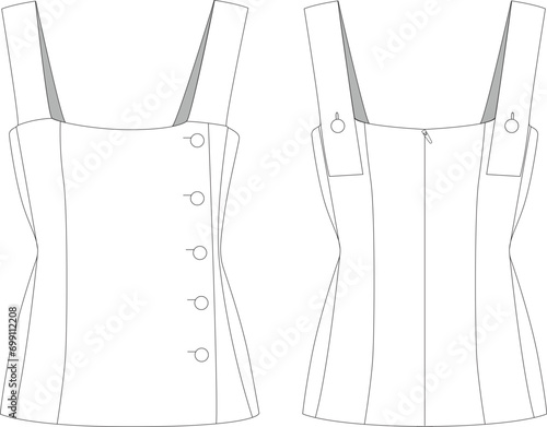 woman side button square neck top corset vector cad technical drawing