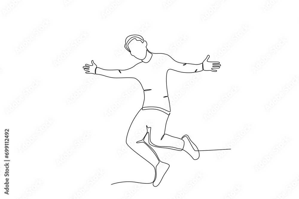 Single continuous line drawing of A man jumping in the air, happy free people fly concept. One line draw graphic design vector