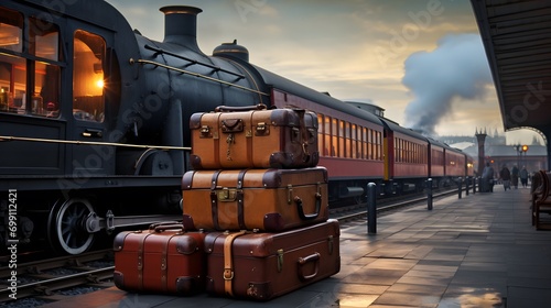 Vintage train arriving to platform with stack of luggage.  photo