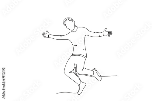 Single continuous line drawing of A man jumping in the air  happy free people fly concept. One line draw graphic design vector