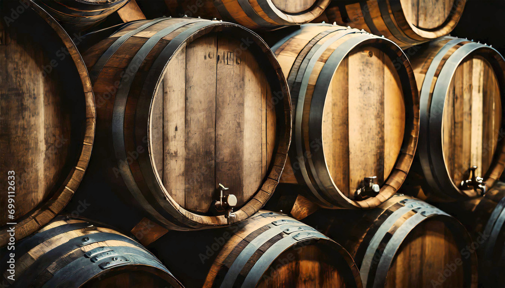 Close-up of a group of old oak barrels in a cellar, full frame. Generative Ai.