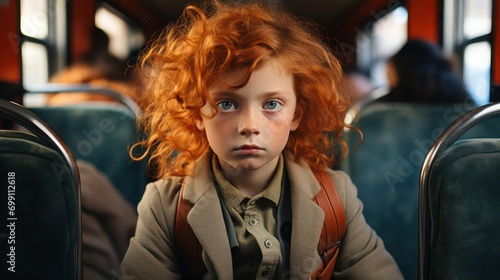 attractive red hair teen boy in the train. Generative AI  © anna
