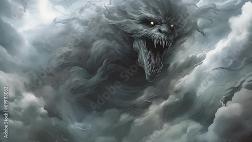 An ominouslooking specter of cold gray clouds looms in the sky roiling and writhing Fantasy art concept.