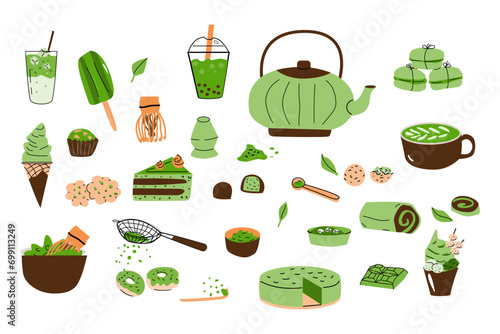 Cartoon matcha tea set of matcha powder, sweets, teapot, kitchen equipment for preparation. Vector illustration for recipe cooking book, stickers, wallpapers, tea labels, wrapping design. 