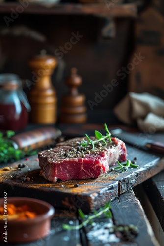 Raw meat steak on dark rustic background