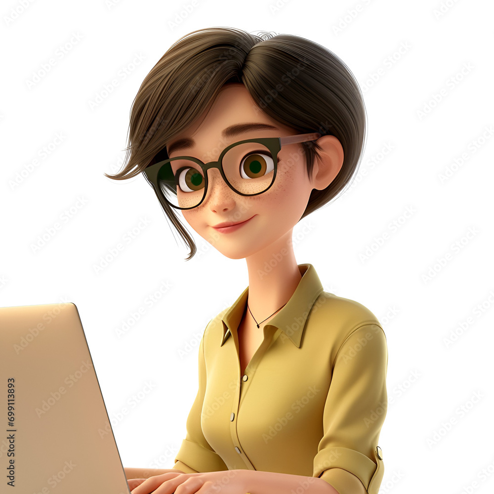 Close up portrait of a young business woman working with her laptop in the office or home, 3D icon of an employee, freelancer programmer cartoon, Isolated on Transparent Background, PNG Close up portrait of a young business woman working with her laptop in the office or home, 3D icon of an employee, freelancer programmer cartoon, Isolated on Transparent Background, PNG