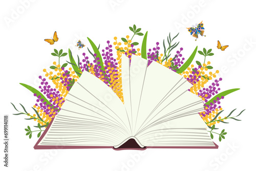 Open book with blank pages on a white background with wildflowers and butterflies. Illustration, poster, banner, vector