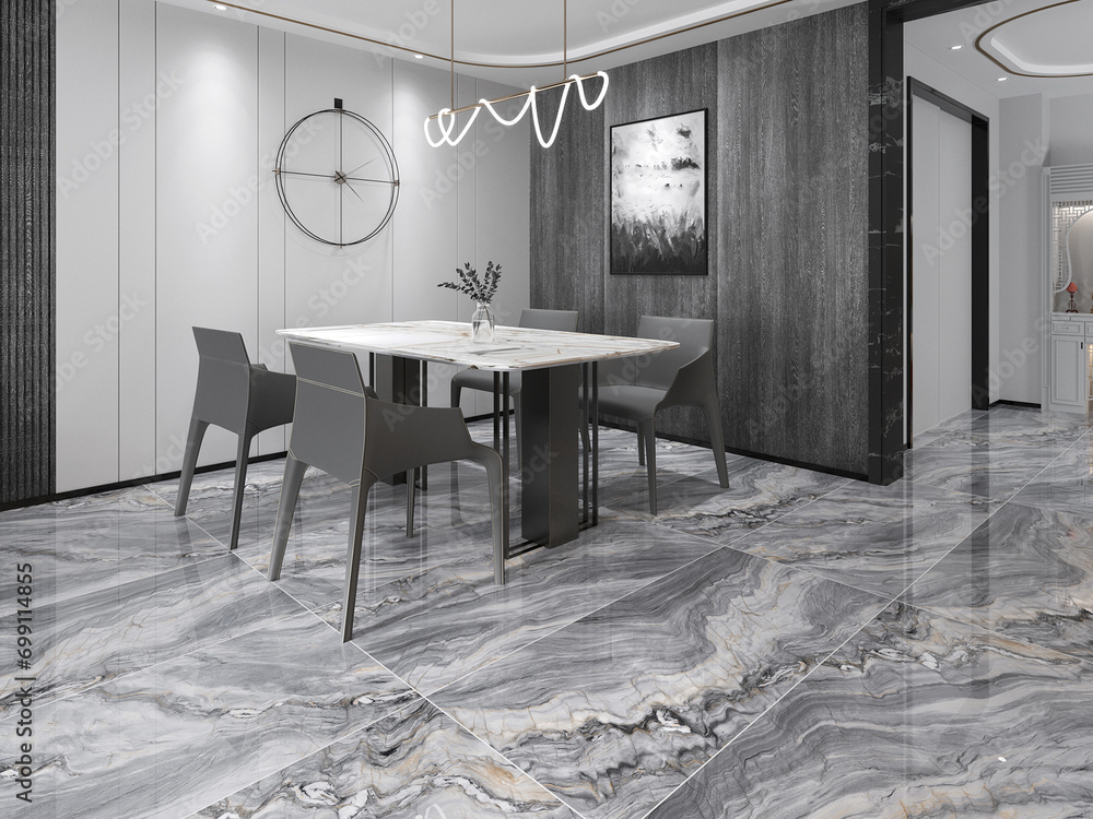 Luxury dining area interior with white and grey marble walls, white dining table with four grey chairs, hanging lamps, grey marble floor. 3D Rendering