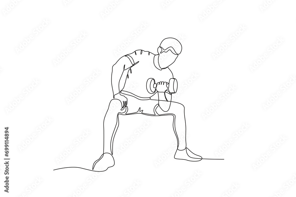 Single continuous line drawing of A man doing sports lifts dumbbells. Fitness stretching concept. Trendy one line draw graphic design vector illustration
Single continuous line drawing of A man doing sports lifts dumbbells. Fitness stretching concept. Trendy one line draw graphic design vector illustration