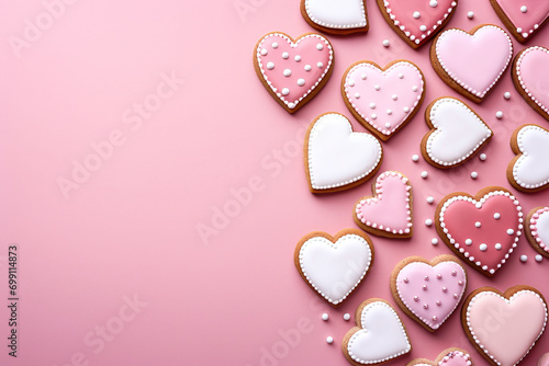 pink and white valentines cookies on a soft pink ground with space for text, valentines day background