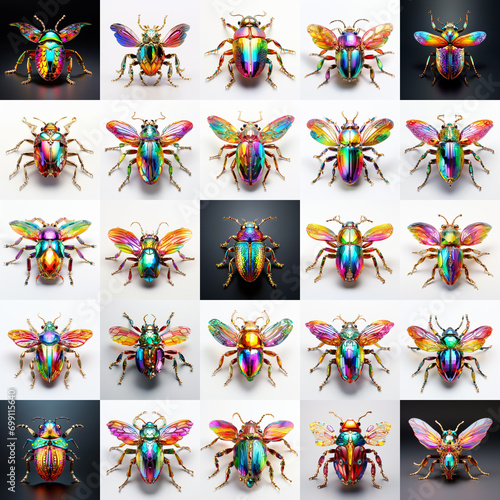 Colourful jewellery-like insects created by using generative AI tools. Beautiful shapes and materials. Each image from 25 has 1024x1024 pixels and is very sharp and beautifully detailed.