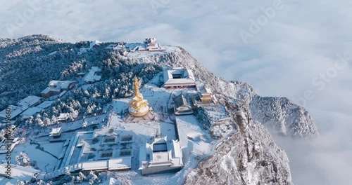 aerial top view of sunrise amazing landscape at Emei mountain summit of Sichuan China