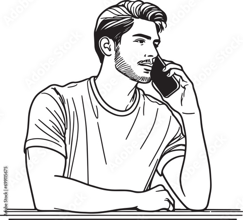 Man Using Smarphone / Man talking on phone line art vector 