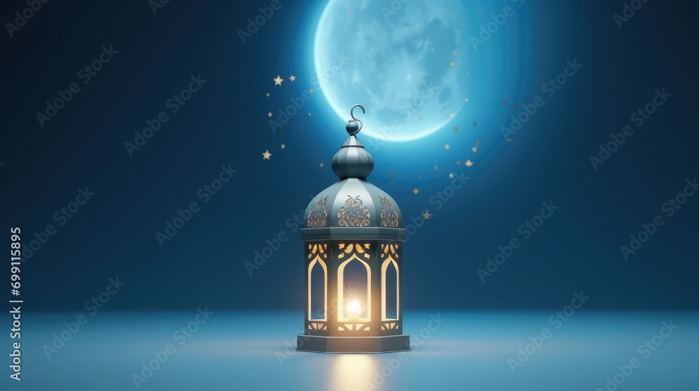 3D islamic lantern, leave space for text at left, on light blue ...