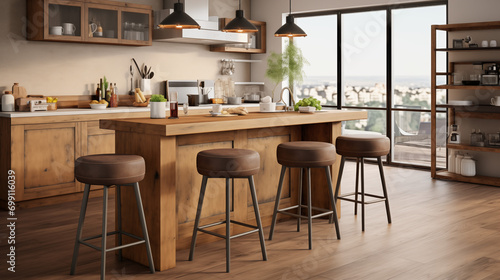 Distressed Leather Bar Stools in a Kitchen island 