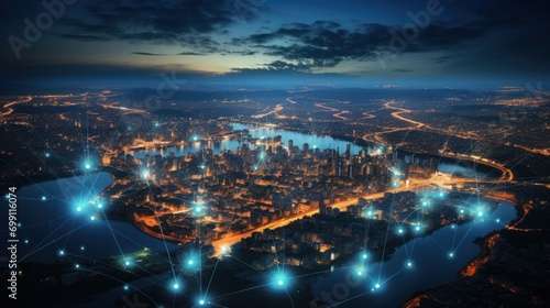 connection, digital, network, technology, communication, energy, line, wireless, connect, innovation. global media link connecting on night city background, internet, 5G communication. generate via AI