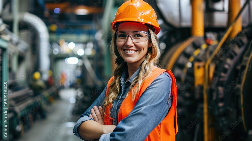 Portrait of a confident female engineer wearing a hard hat and safety glasses Portrait of a confident female engineer wearing a hard hat and safety glasses