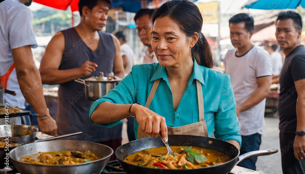 Mature adult Asian woman cooking in street kitchen, street vendor, original Thai food, street food, fictional location Mature adult Asian woman cooking in street kitchen, street vendor, original Thai food, street food, fictional location