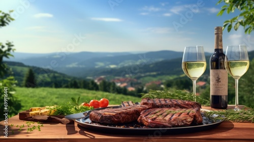 A grill. barbecue. summer. Steaks. Garden beer and wine. Germany. landscape format. Realistic photography. High resolution