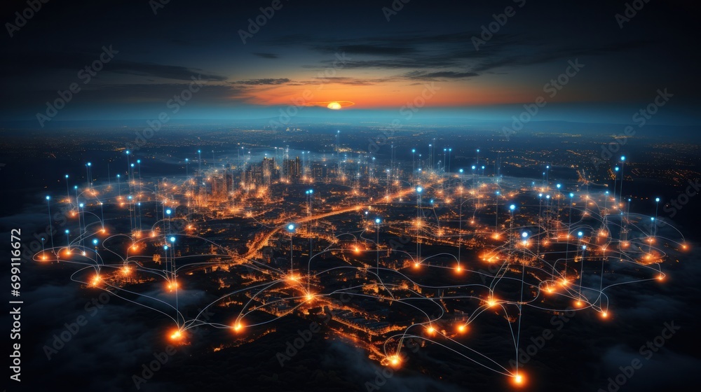 connection, digital, network, technology, communication, energy, line, wireless, connect, innovation. global media link connecting on night city background, internet, 5G communication. generate via AI connection, digital, network, technology, communication, energy, line, wireless, connect, innovation. global media link connecting on night city background, internet, 5G communication. generate via AI