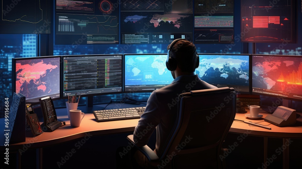 A new media operator is working in front of a computer, his desktop is filled with various devices, and the display screen shows various data and charts, A new media operator is working in front of a computer, his desktop is filled with various devices, and the display screen shows various data and charts,