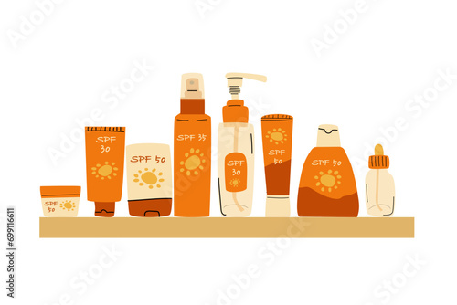 set of cosmetics for sun protection and sunburn on the shelf. Vector illustration isolated, Set included cream, spray, stick, lotion, serum, stick. 