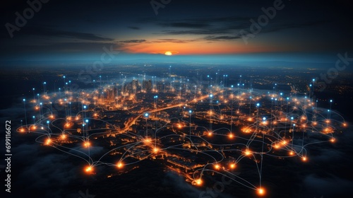 connection, digital, network, technology, communication, energy, line, wireless, connect, innovation. global media link connecting on night city background, internet, 5G communication. generate via AI