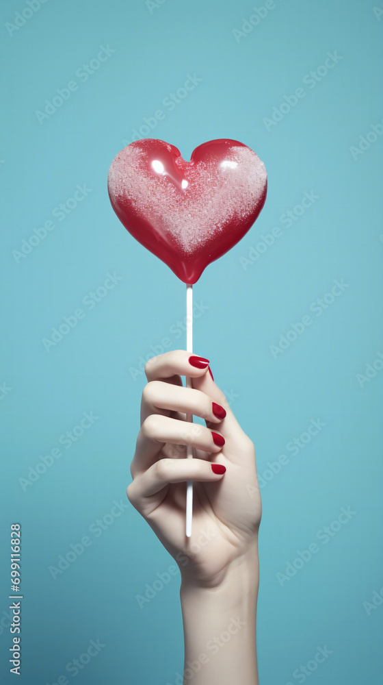 Heart-shaped lollipop in hands. Vertical background for Valentine's day