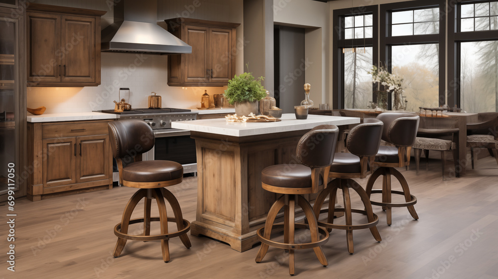 Distressed Leather Bar Stools in a Kitchen island 
