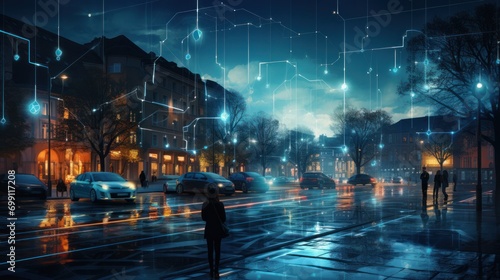 connection, digital, network, technology, communication, energy, line, wireless, connect, innovation. global media link connecting on night city background, internet, 5G communication. generate via AI photo