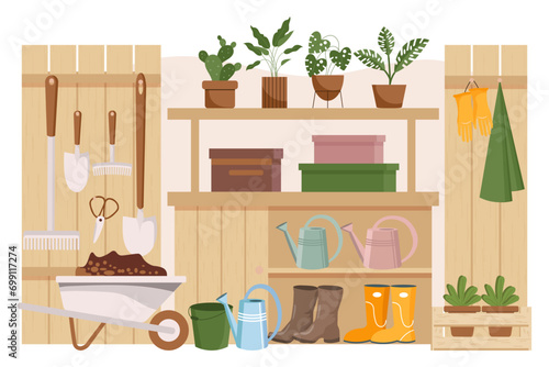 Gardening room, interior. Garden tools, farm clothes, boots, gloves, wheelbarrow and plants on the shelves. Illustration, vector.