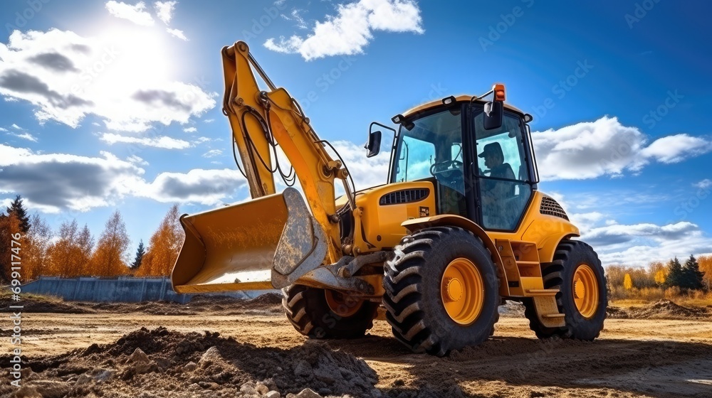 Backhoe loader at the construction site nice weather real photo Backhoe loader at the construction site nice weather real photo