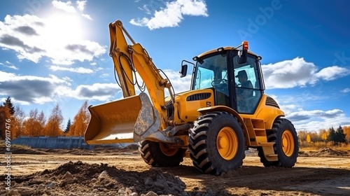 Backhoe loader at the construction site nice weather real photo 