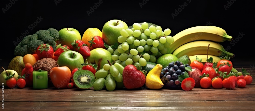 Eat healthy. Fruits, vegetables, berries. Eat vegetarian. Super food, wooden table background