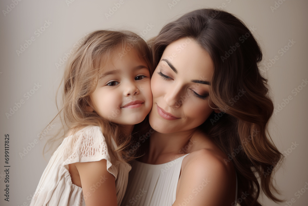 Cute little girl hugging her brunette mother. Affection and tenderness between mother and daughter Cute little girl hugging her brunette mother. Affection and tenderness between mother and daughter