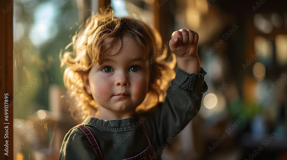 Naklejka premium a young child raising their fist with strength and confidence,