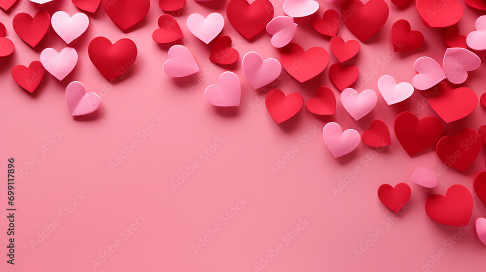 A solid pink background, red hearts on it, solid texture