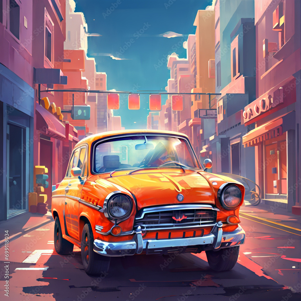 Vector illustration of an orange classic car driving on a city highway Vector illustration of an orange classic car driving on a city highway