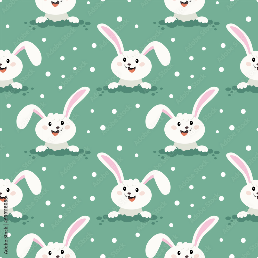Seamless pattern, cute Easter bunnies on a green background with polka dots. Children's print, background, textile, vector