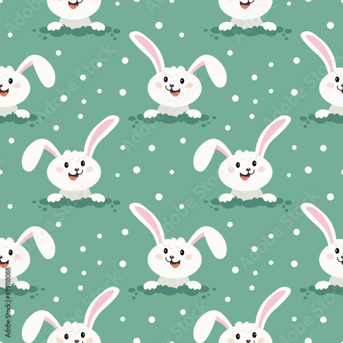 Seamless pattern, cute Easter bunnies on a green background with polka dots. Children's print, background, textile, vector