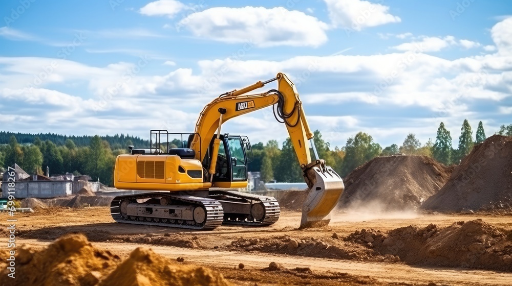 Obraz premium Excavator at sandpit during earthmoving works in the construction site.