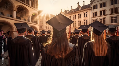 Rear view of university graduates wearing graduation gown and cap in the commencement day photo