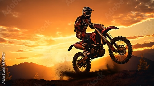 silhouette of a male motorcyclist at sunset and an off-road enduro cross-country motorcycle.