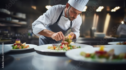 man in hat serving meal in restaurant kitchen