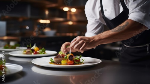 Close-up of the hands of a chef who prepares a dish before giving it away in the kitchen in a restaurant. The chef serves and decorates the finished dish on a white plate in the restaurant. dish