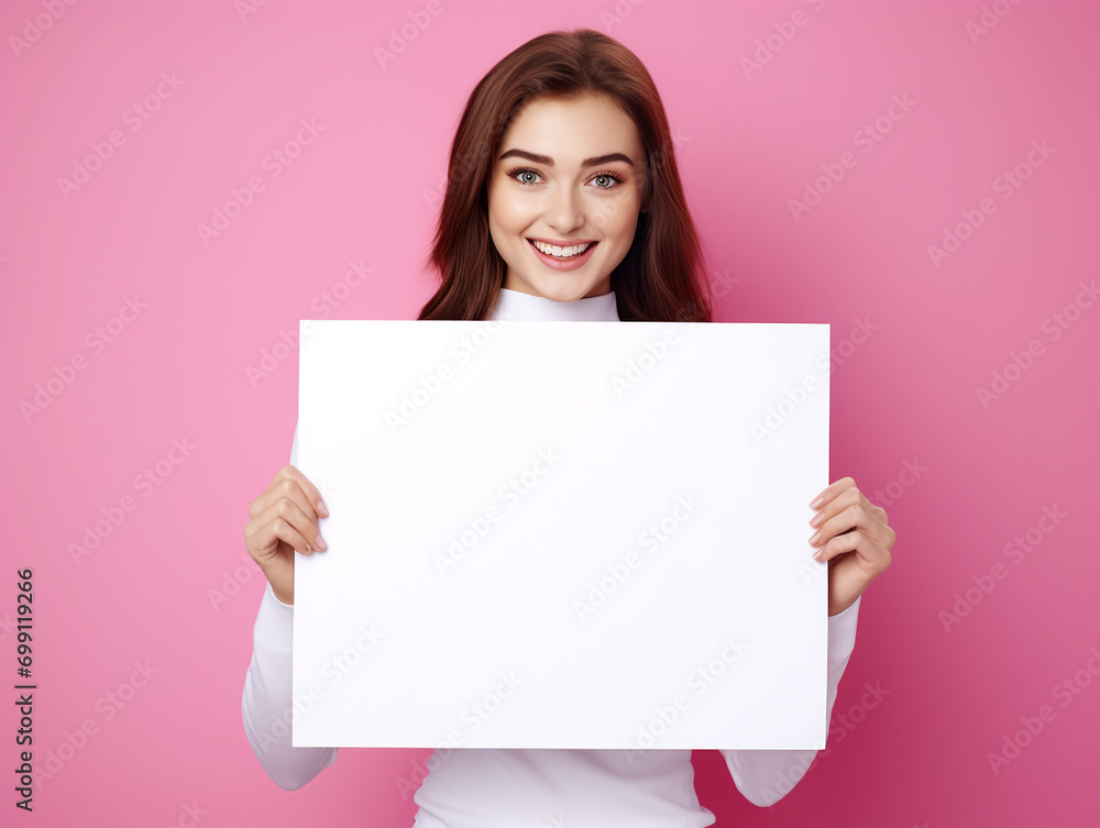 woman standing on a pink background and holding a blank white sheet woman standing on a pink background and holding a blank white sheet